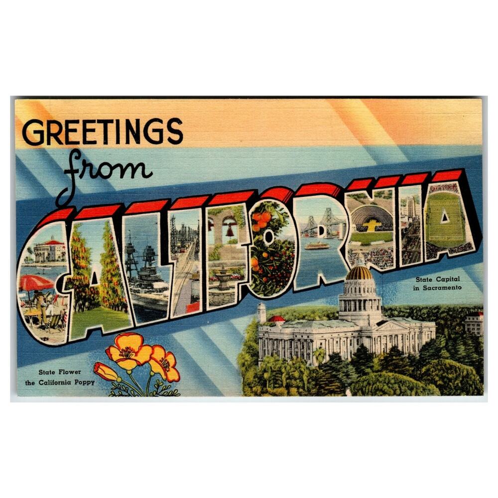 Greetings from California Linen Postcard - Tichnor Bros. Multi-View 1940s
